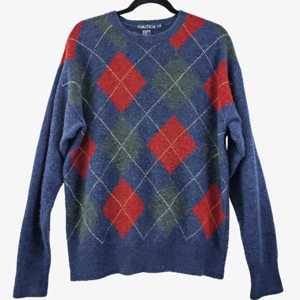 Men's Nautica fuzzy, cozy argyle pattern sweater wool blend men's medium
